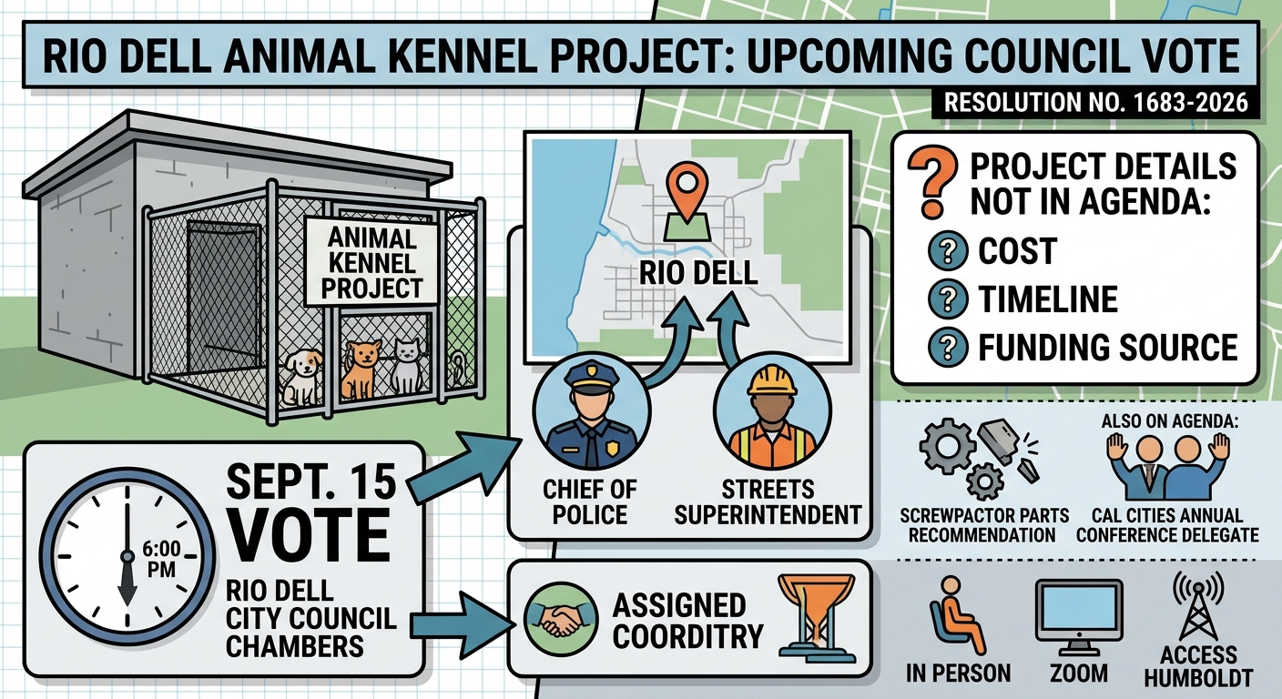 Rio Dell council agenda puts animal kennel project on Sept. 15 vote