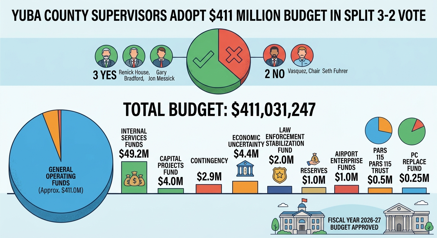 Yuba County supervisors adopt $411 million budget in split 3-2 vote
