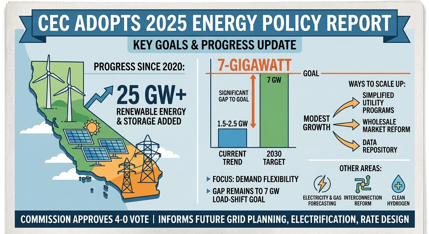 CEC adopts 2025 energy policy report, flags gap to 7-gigawatt load-shift goal