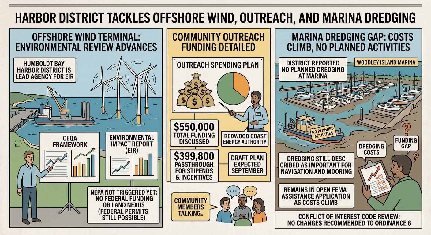 Harbor District advances offshore wind terminal review, flags outreach spending and marina dredging gap