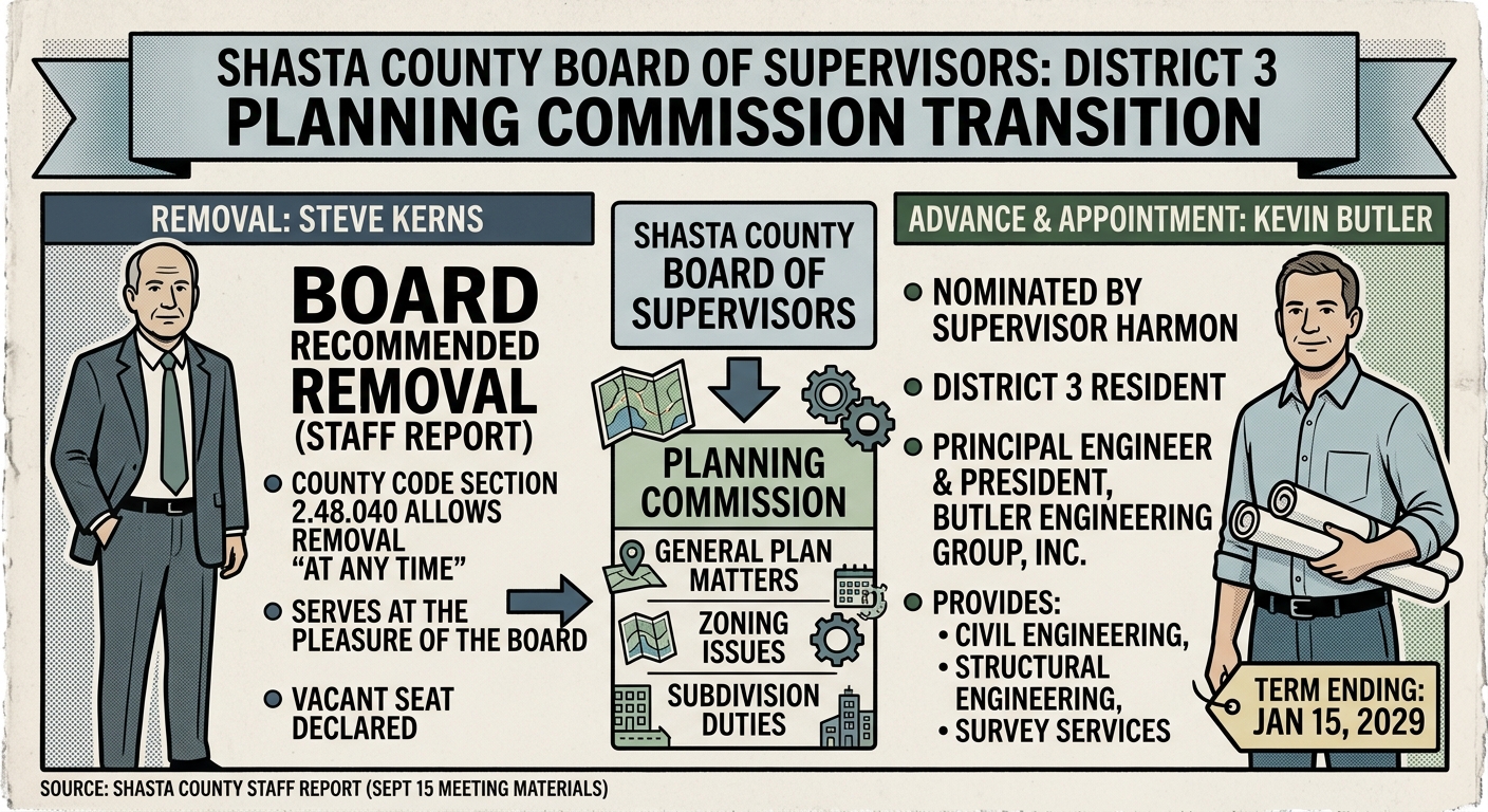 Shasta County supervisors set to remove Steve Kerns from Planning Commission District 3 seat, advance Kevin Butler