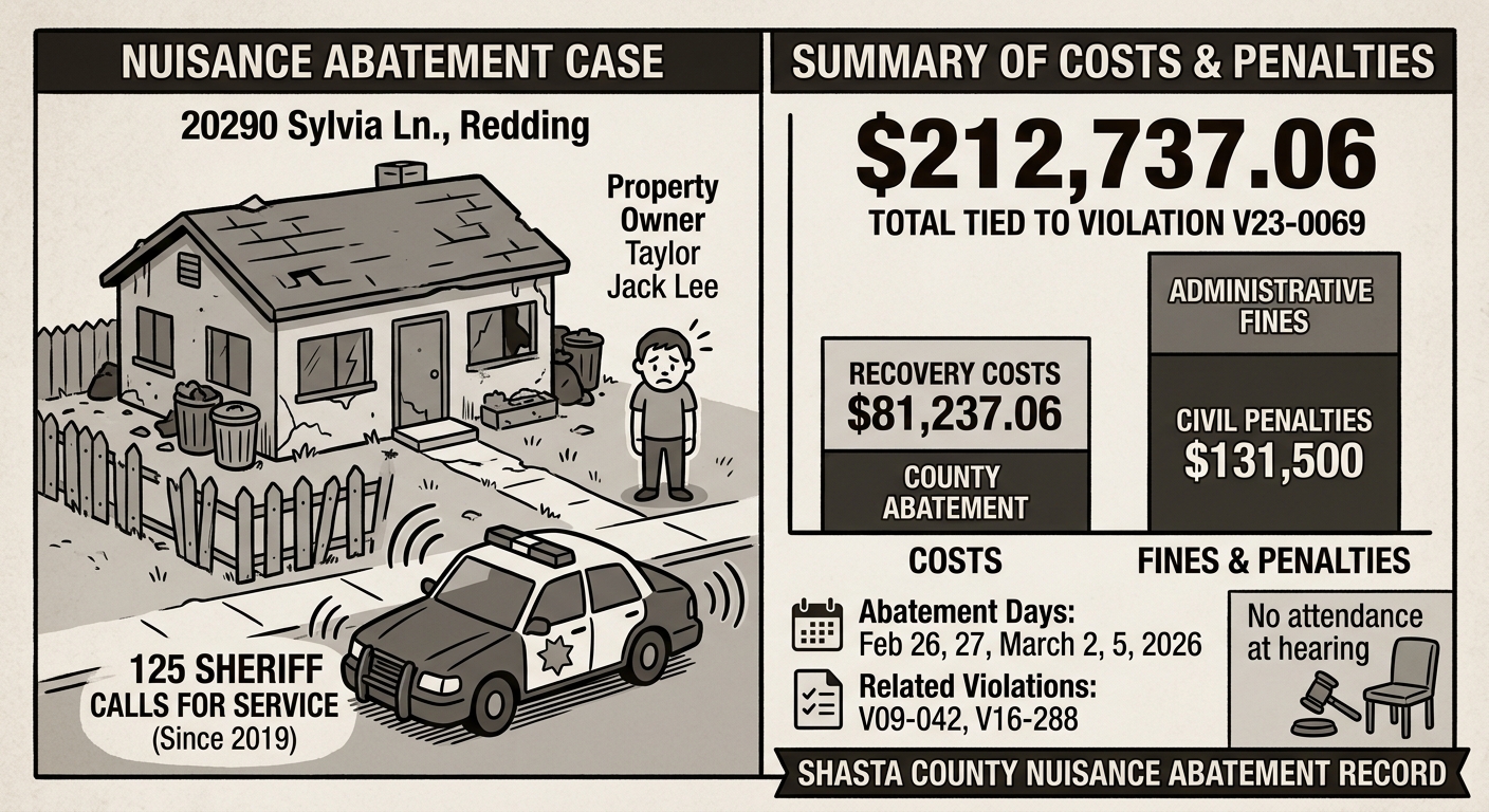 Shasta County nuisance abatement record shows $212,737 in costs and penalties at Redding property