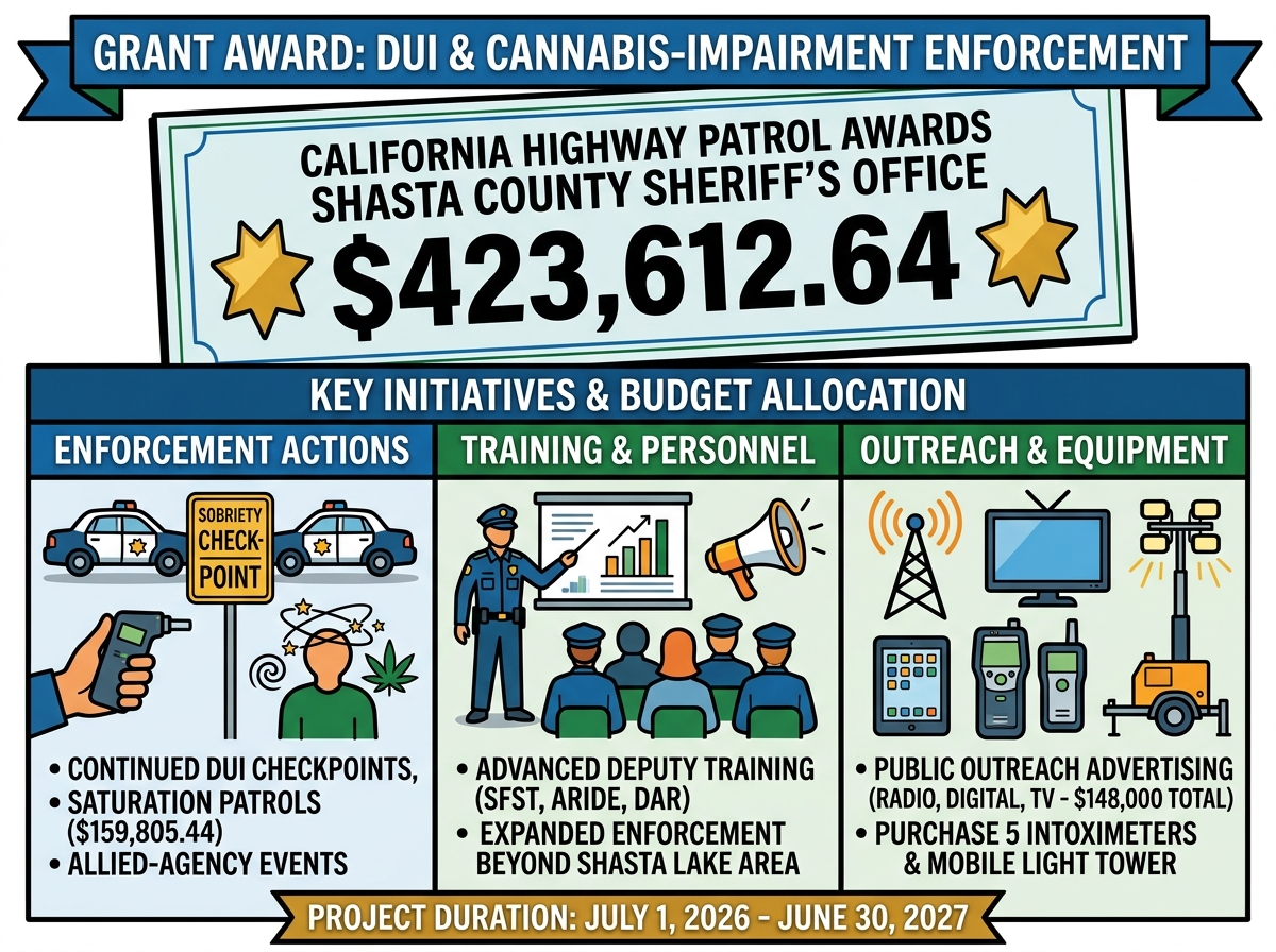 CHP awards Shasta County Sheriff’s Office up to $423,612.64 for DUI, cannabis-impairment enforcement