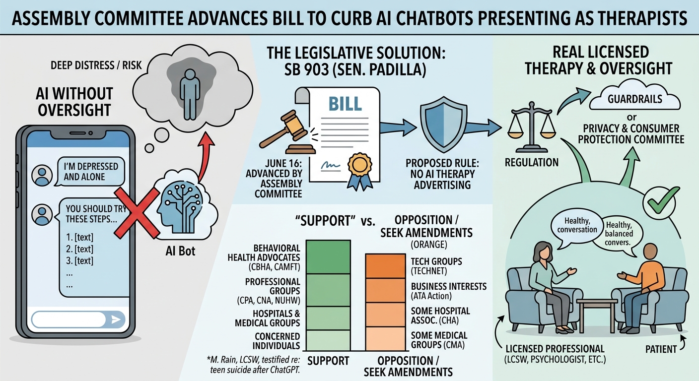 Assembly committee advances bill to curb AI chatbots presenting as therapists
