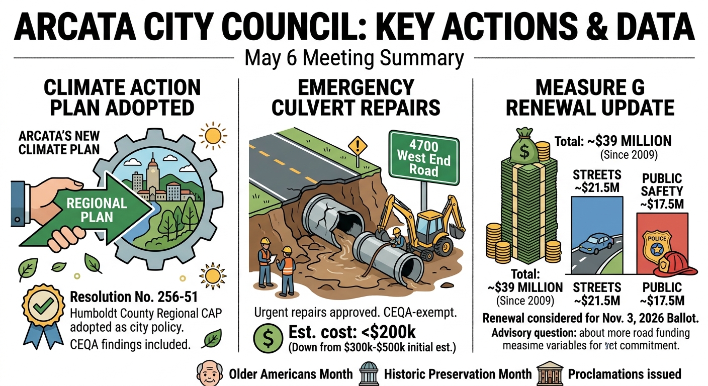 Arcata adopts regional climate plan, approves emergency culvert repairs and hears Measure G renewal update