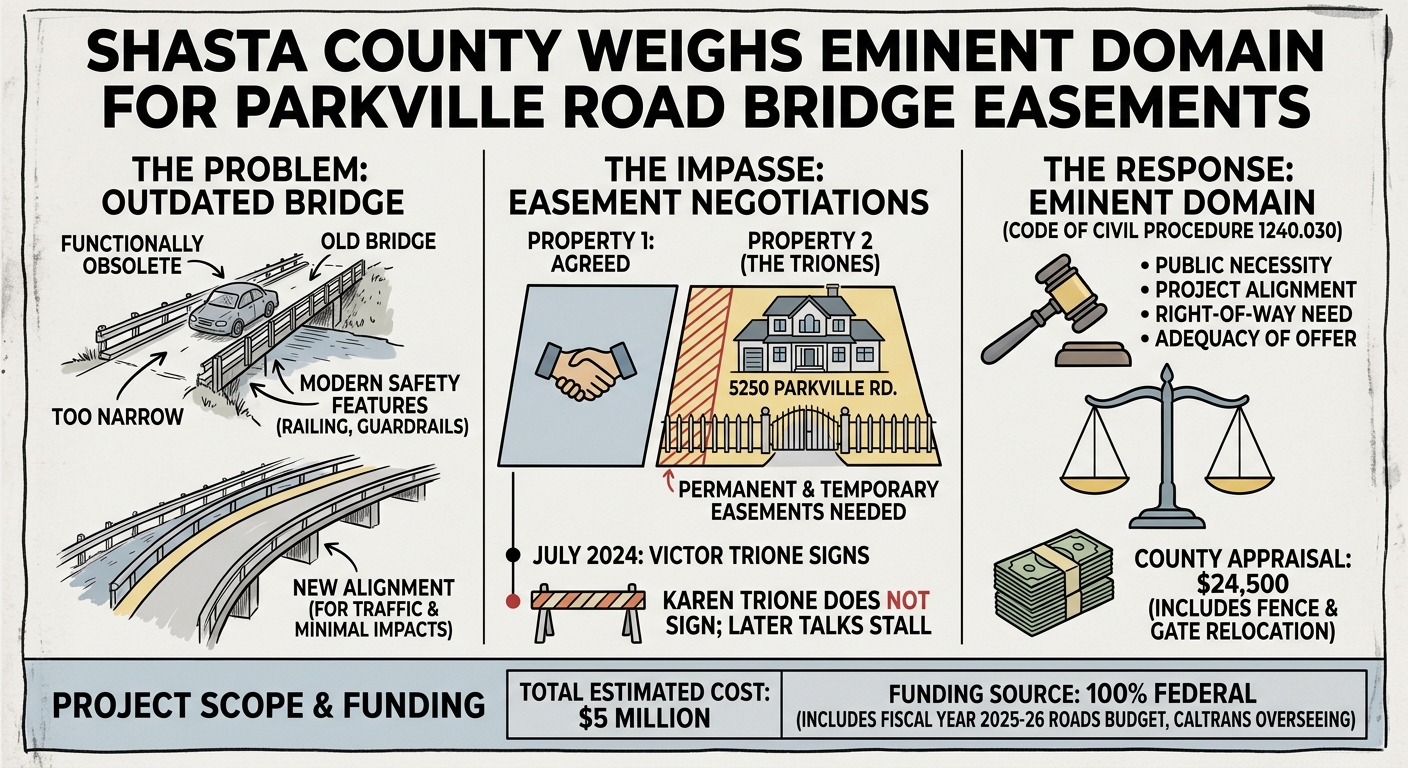 Shasta County weighs eminent domain for Parkville Road bridge easements after Trione talks stall