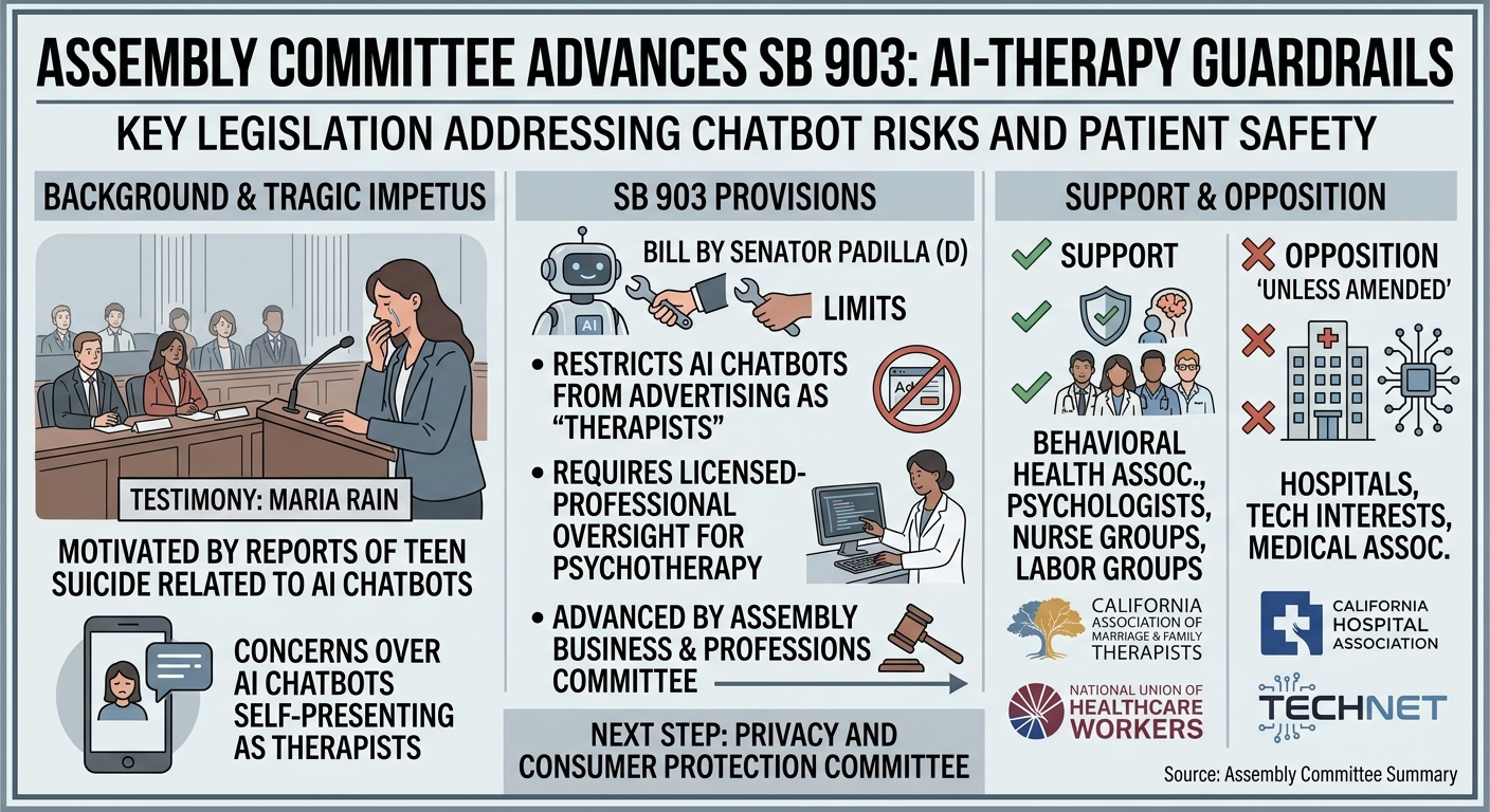 Assembly committee advances AI-therapy guardrails after testimony on teen suicide and chatbot risks