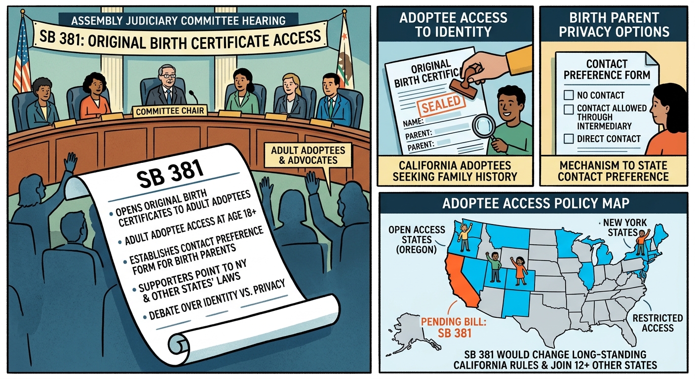 Assembly Judiciary hears SB 381 to open birth certificates to adult adoptees