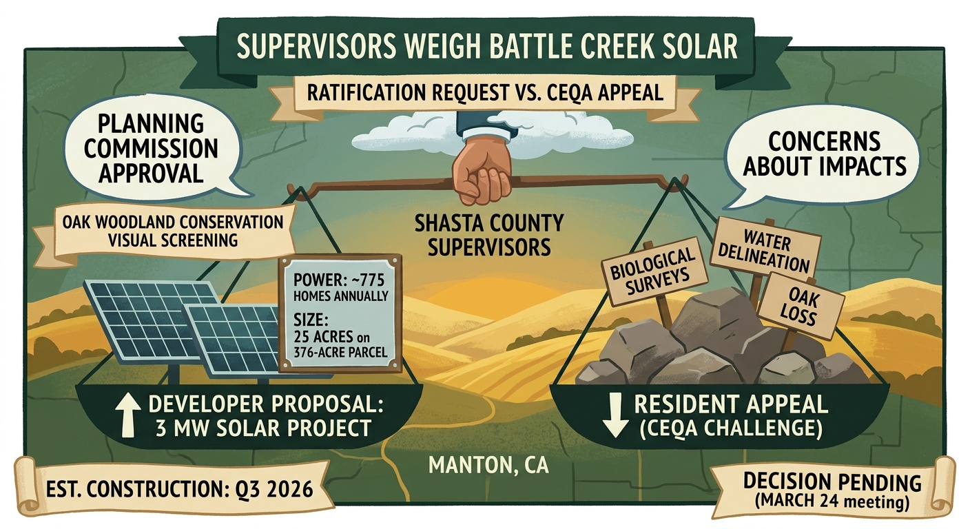 Shasta supervisors weigh Battle Creek solar ratification as residents press CEQA appeal