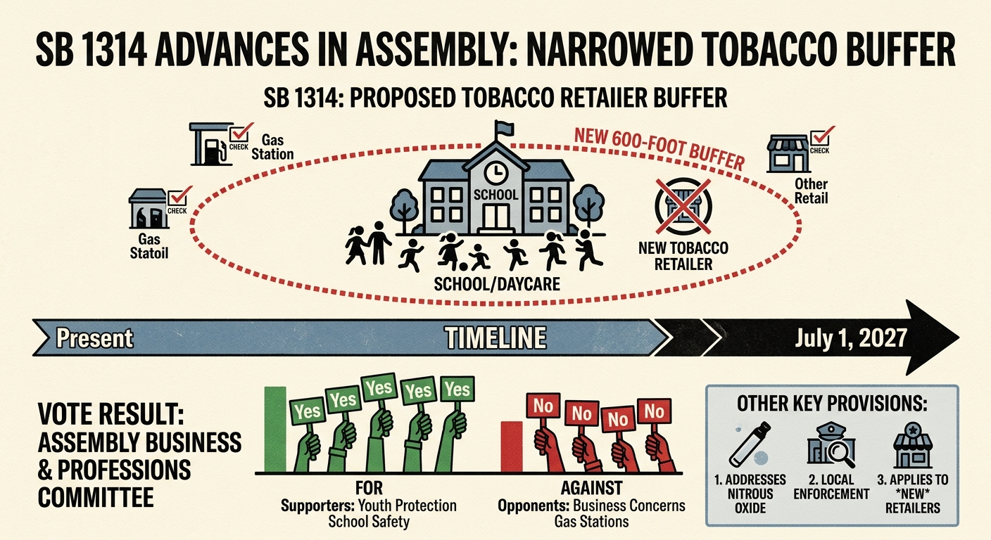 Assembly panel advances SB 1314 after narrowing tobacco-retailer buffer