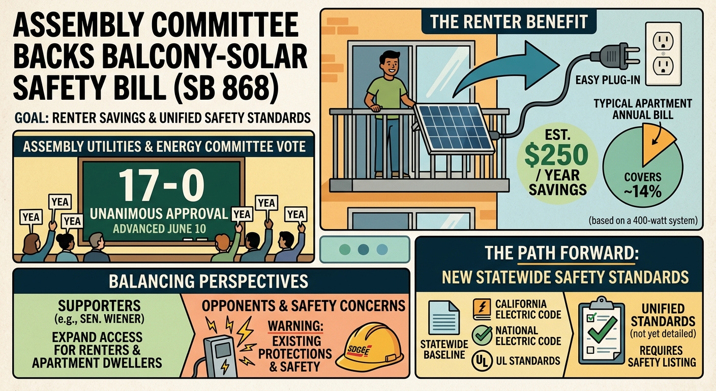 Assembly committee backs balcony-solar safety bill after testimony touts renter savings
