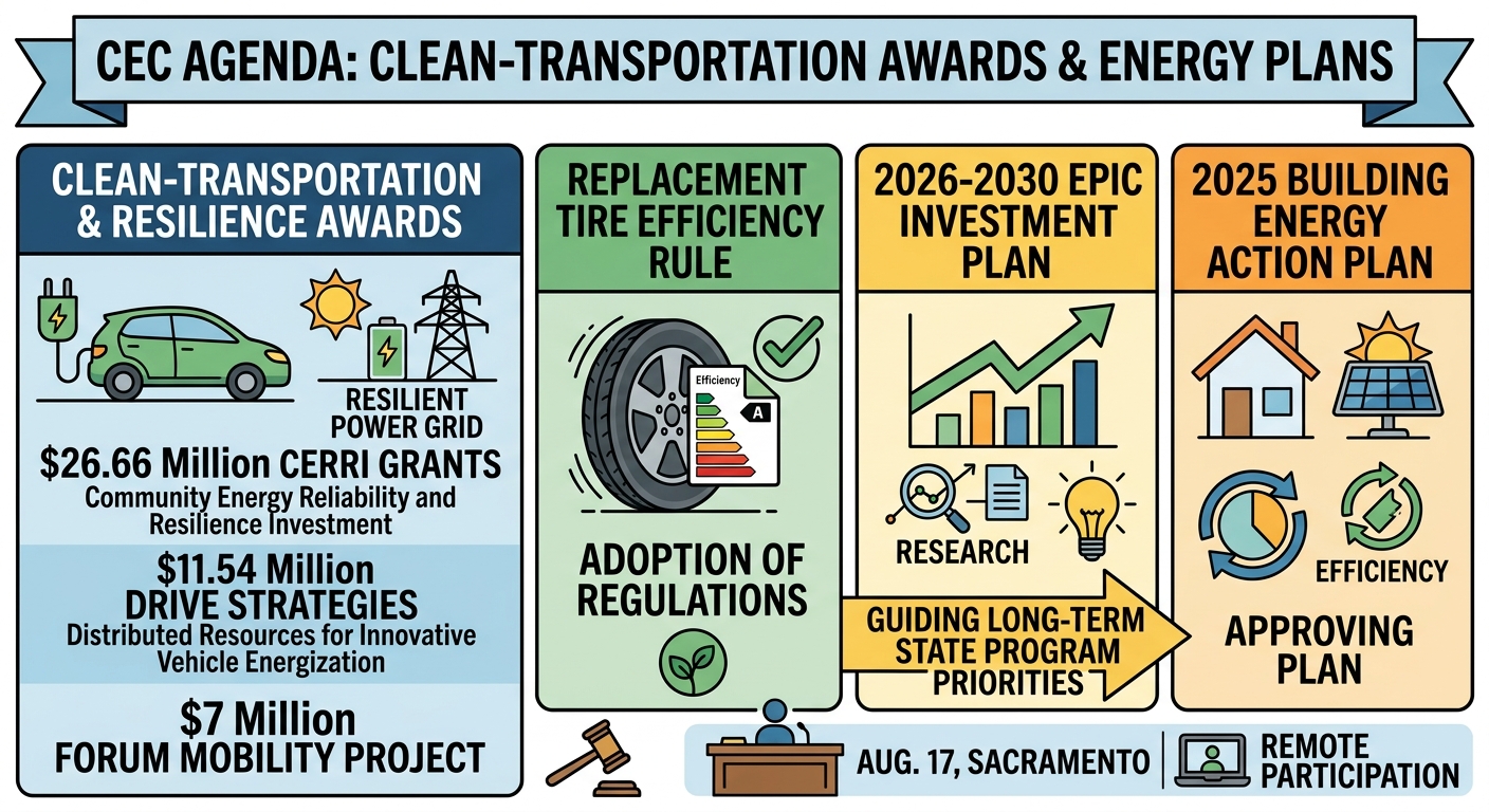 CEC agenda stacks clean-transportation awards with tire-efficiency rule adoption, EPIC plan