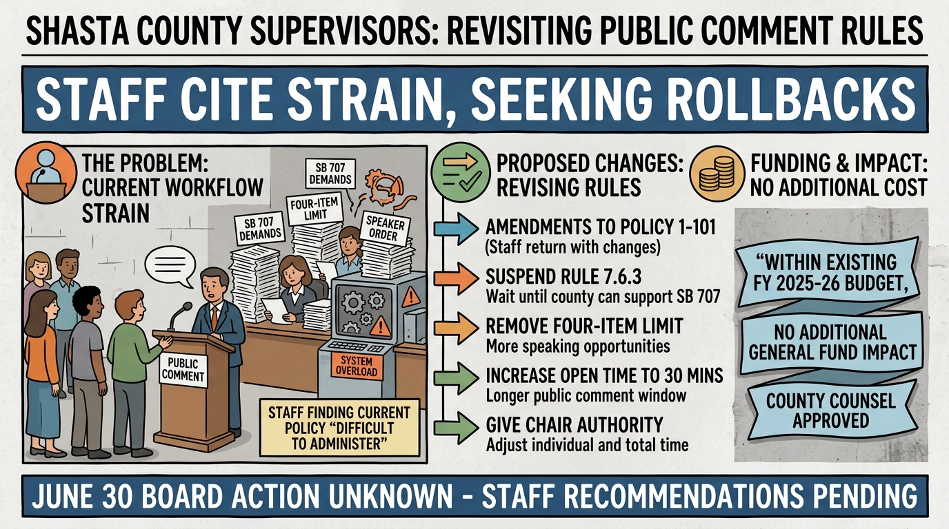 Shasta supervisors may roll back new public-comment rules as SB 707 work strains county systems