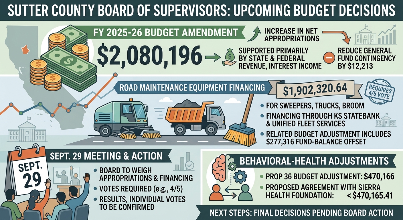 Sutter supervisors to weigh $2.08 million budget amendment, $1.9 million road-equipment financing