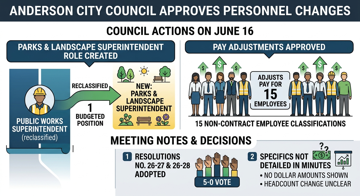 Anderson council creates new parks superintendent role, reclassifies one position and approves pay changes for 15 employees