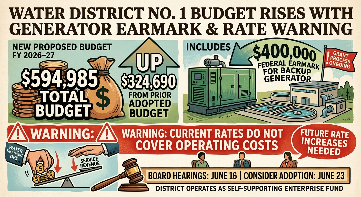 Water Works District No. 1 budget rises to $594,985 with generator earmark and rate warning