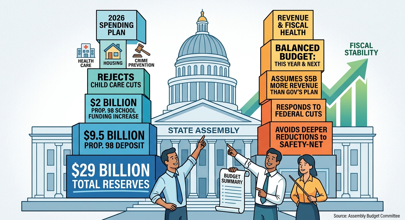 Assembly budget leaders advance 2026 spending plan with $29 billion in reserves and $9.5 billion Prop. 98 deposit